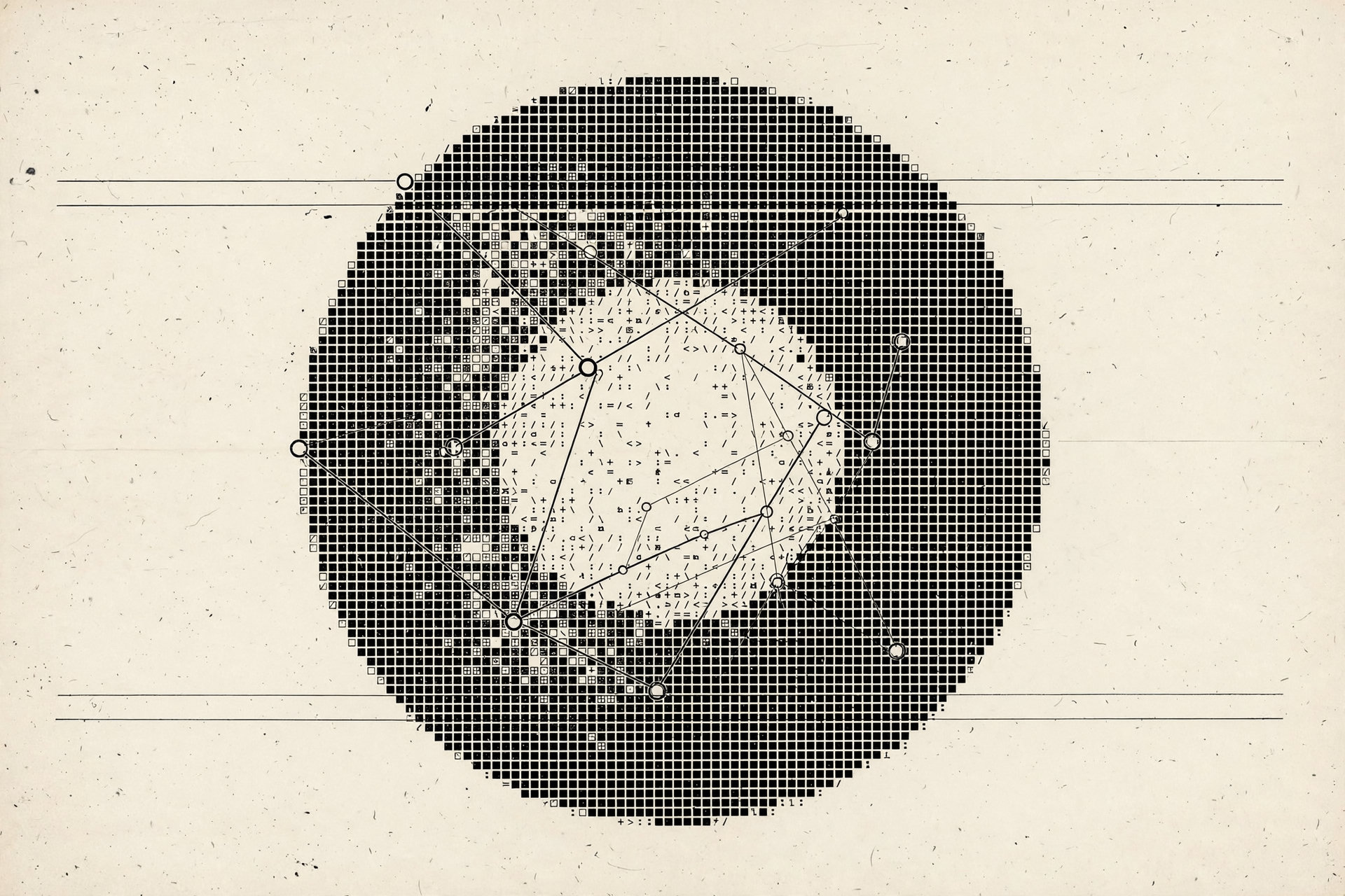 Black-and-white modern poster artwork: a large circle made of tiny square pixels, a geometric network, and microscopic ASCII terminal marks