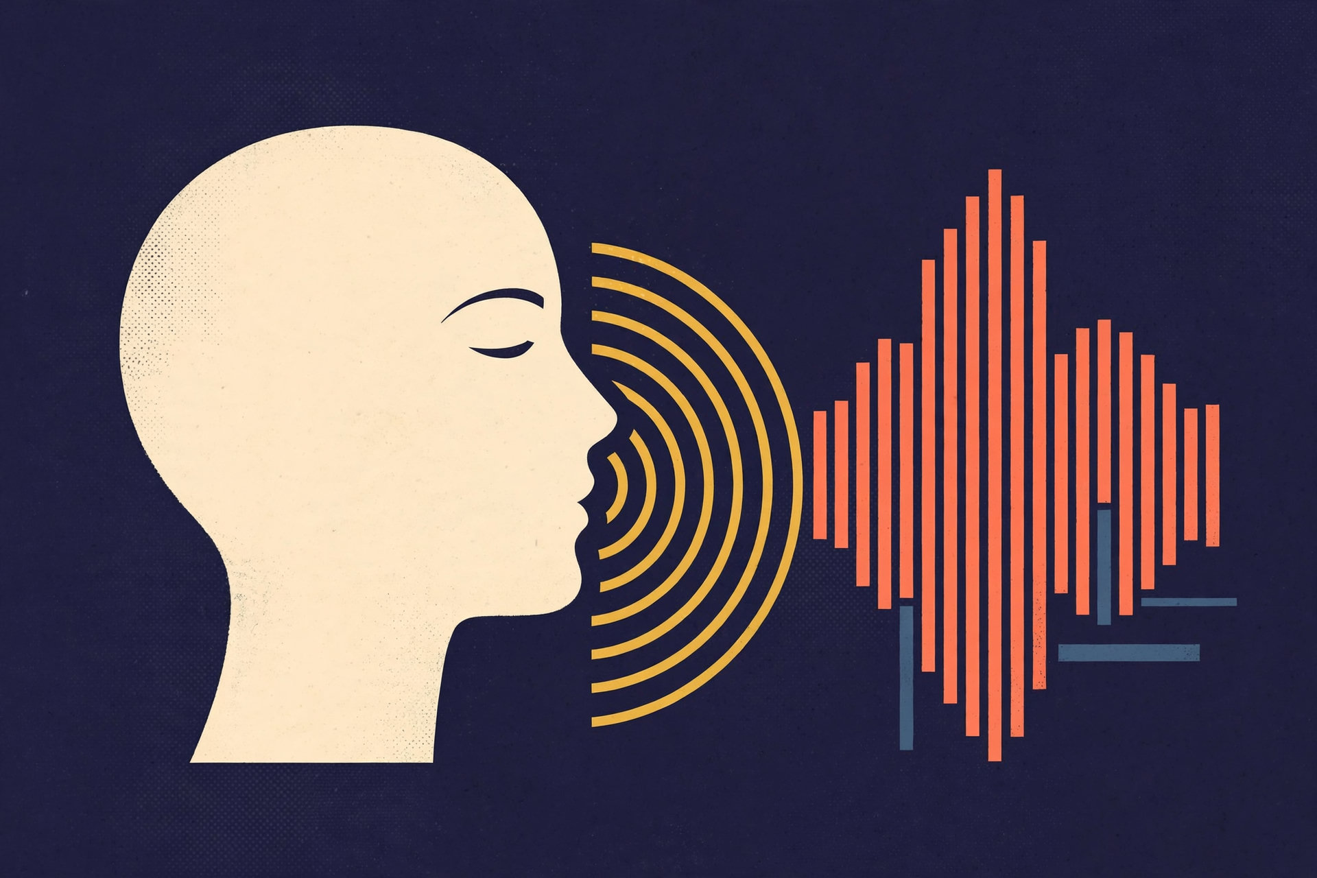 Mid-century poster artwork: a head in profile with sound arcs becoming a voice waveform